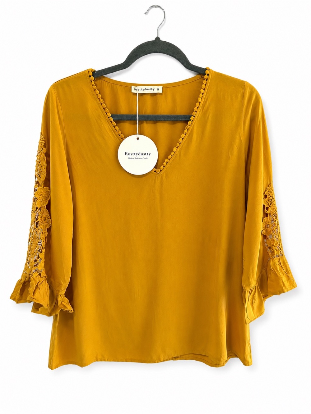 Rusttydustty Boho Lace Sleeve Blouse Medium Bell Sleeve Top NWT - Picture 2 of 5